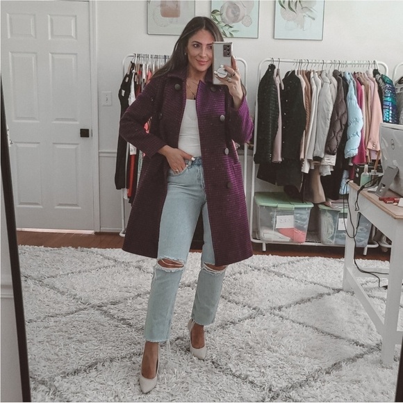 Balenciaga Purple & Black Check 100% Virgin Wool Pea Coat - Picture 10 of 11